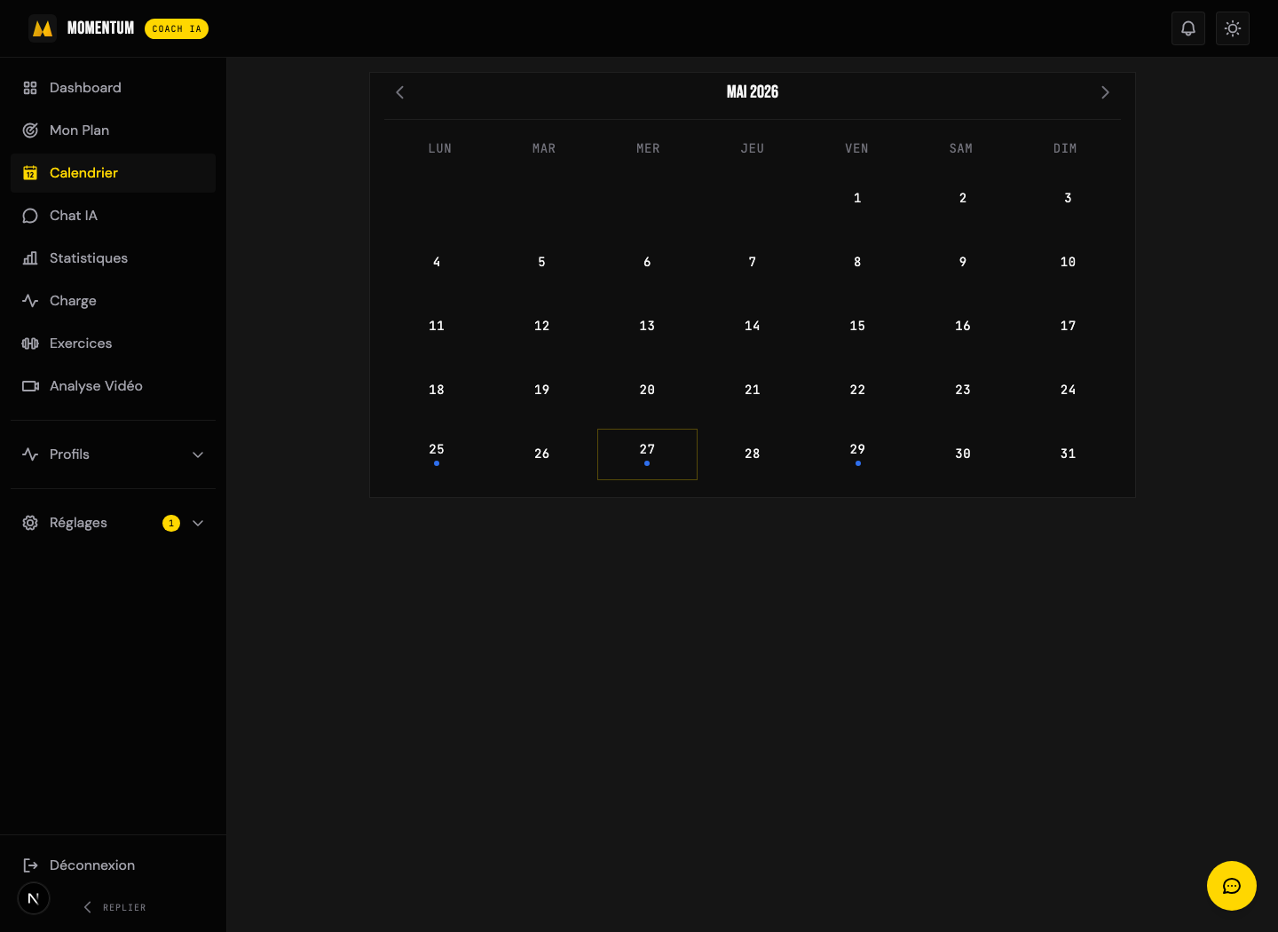 Calendrier d'entraînement Momentum